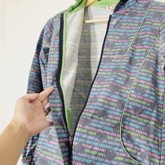 Roxy Windbreaker Jacket Coat Logo Graphic Print Multicolor Pastel Hooded XL - Picture 5 of 12